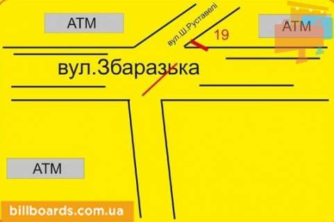 Билборд B в Тернополе Руставели ул., 29 / Збаражская ул., из центра схема