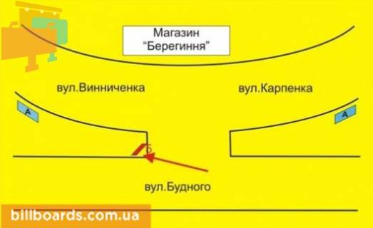 Білборд, Бігборд (Борд)  A у Тернополі Винниченко ул. / Карпенка ул. / Будного ул., возле магазина "Берегиня" схема