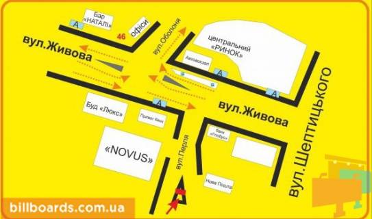 Ситилайт A в Тернополе Перля ул., возле супермаркетов "Novus", "Эльдорадо", "Jysk" схема