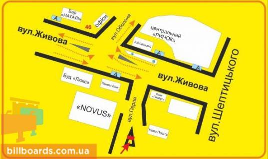 Ситилайт B в Тернополе Перля ул., возле супермаркетов "Novus", "Эльдорадо", "Jysk" схема