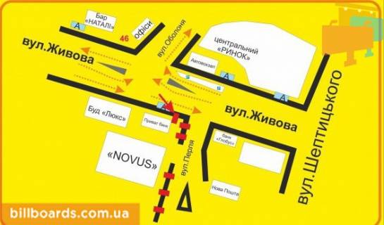 Ситилайт A в Тернополе Перля ул., возле Приватбанка, супермаркетов "Novus", "Эльдорадо", "Jysk" схема