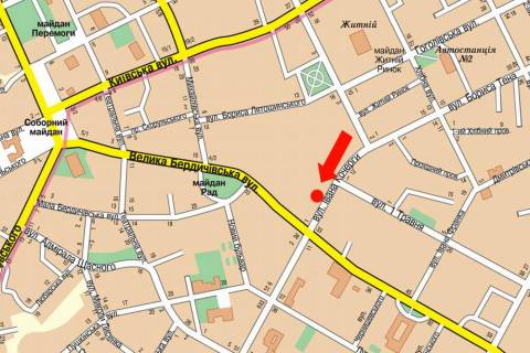 Білборд, Бігборд (Борд)  A у Житомирі Кочерги вул. / Вул. 1-го травня, біля "Дитячого Світу", магазину "Євротоп" схема