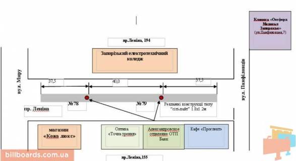 Ситилайт A в Запорожье Соборний пр. (колиш. Леніна пр.) / Миру вул. / Гончаренка вул. (колиш. Панфіловців вул.), роздільник, до вокзалу схема