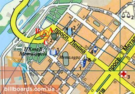 Білборд, Бігборд (Борд)  B у Запоріжжі, 3x6  пр.Соборний  (Леніна пр.) - Богдана Хмельницького вул. схема