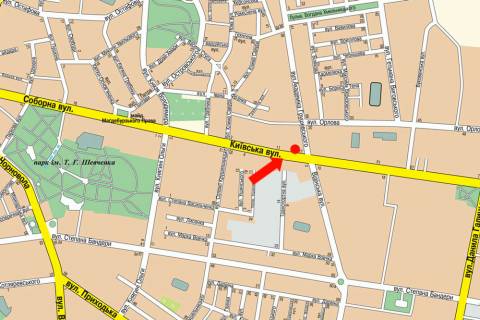 Сiтiлайт  у Рівному, 1.8x1.2  Київська вул. / Грушевського вул., біля магазину "Мандарин", навпроти автосалону "Citroen" схема