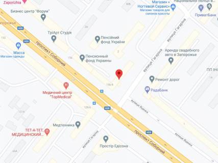 Видеоборд A у Запоріжжі Гагаріна вул., 4, аптека "Мед Сервіс", №Дн118, прайс за ролик 10 сек 1 вихід/5 хвилин, з 8:00-22:00. Розрахунок для інших параметрів трансляції уточнюйте у менеджера. - 301365 схема