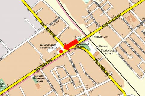 Билборд A в Житомире, 3x6  Київська вул. - Незалежності пр., біля автовокзалу, на світлофорі, в центр схема
