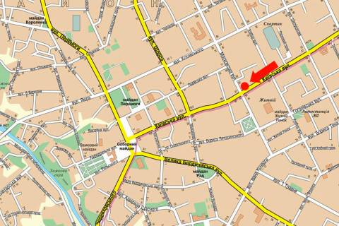 Ситилайт  в Житомире, 1.8x1.2  Київська вул., 39 / Небесної Сотні вул. (кол. Московська вул.), біля ЦУМу, магазину "Плато", на світлофорі схема