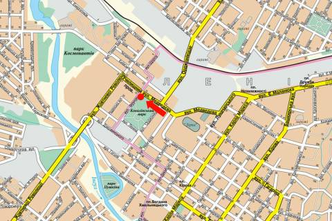 Білборд, Бігборд (Борд)   у Кропивницький (Кіровоград), 3x6  Чикаленка вул. (кол. Медведєва вул.) / Олефіренка вул. (кол. Фрунзе вул.), супермаркет "АТБ", парк "Ковалівський" схема