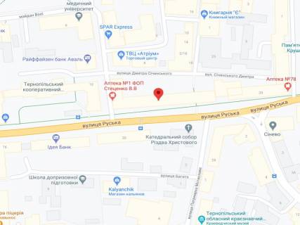Видеоборд A у Тернополі Руська вул., 19, аптека "Волиньфарм", прайс за ролик 10 сек 1 вихід/5 хвилин, на двосторонньому екрані, від 144 виходів на день. Розрахунок для інших параметрів трансляції уточнюйте у менеджера. - 301523 схема