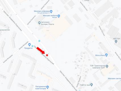 Білборд, Бігборд (Борд)  A у Києві, 3x6  Королева пр., 4 - вул. Жолудєва, роздільник, в сторону супермаркету "Сільпо" схема