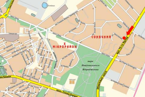 Білборд, Бігборд (Борд)   у Тернополі, 3x6  15-го Квітня вул. / Бойчуків вул., біля ТЦ "Рай Центр", супермаркету "Сільпо", в центр схема