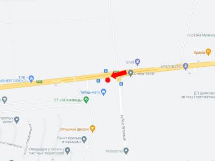 Білборд, Бігборд (Борд)  B у Києві, 3x6  Брест-Литовське шосе, поворот на автодром "Чайка", напрямок з Києва схема