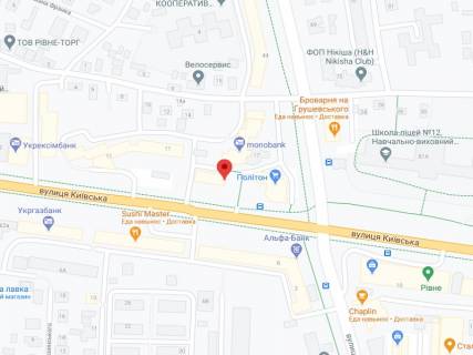 Видеоборд A у Рівному Київська вул., 15, аптека "Волиньфарм", прайс за ролик 10 сек 1 вихід/5 хвилин, на двосторонньому екрані, від 144 виходів на день. Розрахунок для інших параметрів трансляції уточнюйте у менеджера. - 301501 схема