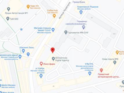 Видеоборд A у Луцьку Кравчука вул., 38, аптека "Волиньфарм", прайс за ролик 10 сек 1 вихід/5 хвилин, на двосторонньому екрані, від 144 виходів на день. Розрахунок для інших параметрів трансляції уточнюйте у менеджера. - 301429 схема