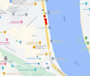 Видеоборд A у Києві, 1.8x1.2  Набережно-Хрещатицька вул., 19/21, на р/п, (6-1), у бік Гаванського мосту - 583657 схема