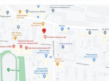 Білборд, Бігборд (Борд)  A у Сумах Горького вул., 41, аптека "Мед Сервіс", №Х010, прайс за ролик 10 сек 1 вихід/5 хвилин, з 8:00-22:00. Розрахунок для інших параметрів трансляції уточнюйте у менеджера. схема