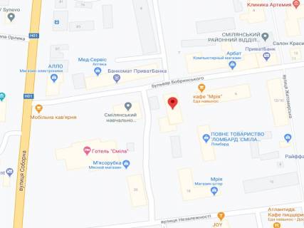 Видеоборд A у Смілі Бобринського вул., 4А, аптека "Вітамін", прайс за ролик 10 сек 1 вихід/5 хвилин, з 8:00-22:00. Розрахунок для інших параметрів трансляції уточнюйте у менеджера. - 301516 схема