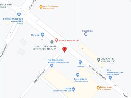 Видеоборд A в Могилев-Подольском Стависька вул., 47, аптека "Конекс", прайс за ролик 10 сек 1 вихід/5 хвилин, на двосторонньому екрані, від 144 виходів на день. Розрахунок для інших параметрів трансляції уточнюйте у менеджера. - 301450 схема