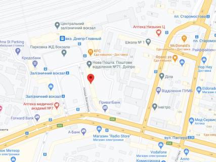Видеоборд A у Дніпро (Дніпропетровськ) Вокзальна пл., 2б, аптека "Мед Сервіс", №Дп092, прайс за ролик 10 сек 1 вихід/5 хвилин, з 8:00-22:00. Розрахунок для інших параметрів трансляції уточнюйте у менеджера. - 301325 схема