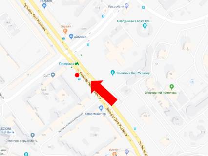 Бэклайт  в Киеве, 2.3x3.14  Українки бул., 26 / ул.Алмазова (колиш. вул. Кутузова), на світлофорі, біля "KFC", в сторону вул. Басейна схема