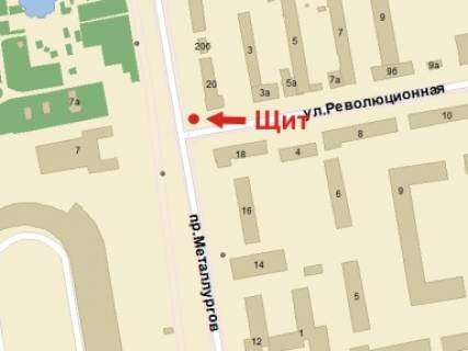 Билборд A в Кривом Роге, 3x6  Металургів пр., 20 - Тільги (кол. Революційна) вул., стадіон "Металлург", у бік Соборності (кол. Косіора) вул., верхній схема