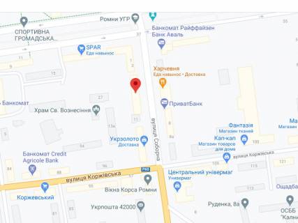 Білборд, Бігборд (Борд)  A у Ромнах Соборна вул., 9, аптека "Мед Сервіс", №Х020, прайс за ролик 10 сек 1 вихід/5 хвилин, з 8:00-22:00. Розрахунок для інших параметрів трансляції уточнюйте у менеджера. схема