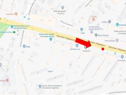 Скролер, Скрол A у Києві, 2.3x3.14  Перемоги пр., 21, біля магазинів "Інтертоп", "Carlo Pazolini", "Adidas", в центр - 470043 схема