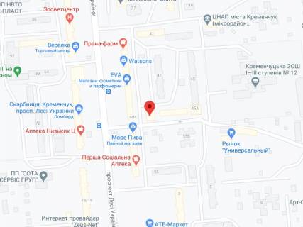 Билборд A в Кременчуге Українки пр., 49Б, аптека "Мед Сервіс", №Х043, прайс за ролик 10 сек 1 вихід/5 хвилин, з 8:00-22:00. Розрахунок для інших параметрів трансляції уточнюйте у менеджера. схема
