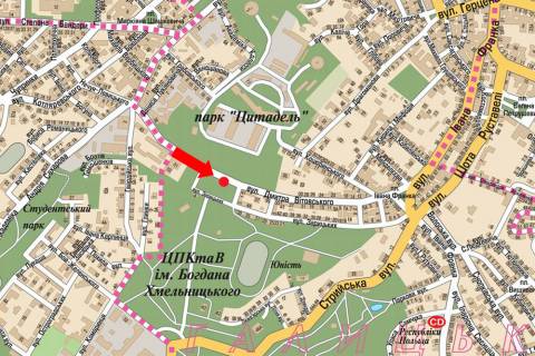 Скроллер A в Львове, 2.3x3.14  Вітовського вул., парк ім. Богдана Хмельницького, зупинка - 470930 схема