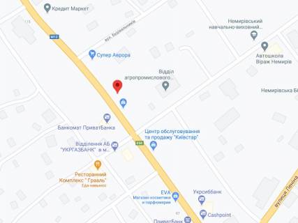 Видеоборд A у Немирові Горького вул., 96, аптека "Конекс", прайс за ролик 10 сек 1 вихід/5 хвилин, на двосторонньому екрані, від 144 виходів на день. Розрахунок для інших параметрів трансляції уточнюйте у менеджера. - 301456 схема