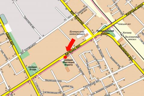 Билборд  в Житомире, 3x6  Київська вул., 104, біля магазину "Вікотек", в бік ТРЦ "Глобал", центр схема