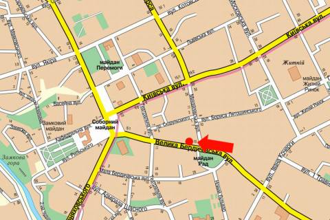 Ситилайт A в Житомире, 1.8x1.2  Бердичівська вул., 15, біля центрального гастроному, ресторану "Сушия" схема