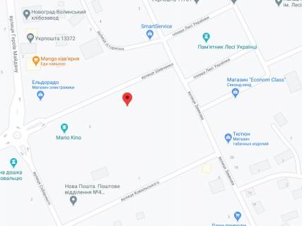 Білборд, Бігборд (Борд)  A у Звягель (Новоград-Волинський) Шевченка вул., 2/1, аптека "Мед Сервіс", №К028, прайс за ролик 10 сек 1 вихід/5 хвилин, з 8:00-22:00. Розрахунок для інших параметрів трансляції уточнюйте у менеджера. схема