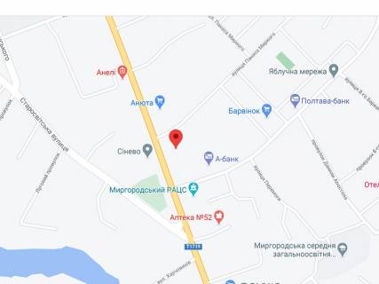 Видеоборд A у Миргороді Гоголя вул., 72, аптека "Мед Сервіс", №Х042, прайс за ролик 10 сек 1 вихід/5 хвилин, з 8:00-22:00. Розрахунок для інших параметрів трансляції уточнюйте у менеджера. - 301447 схема