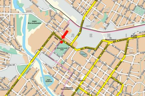 Білборд, Бігборд (Борд)  A у Кропивницький (Кіровоград), 3x6  Чикаленка вул. (кол. Медведєва вул.) / Олефіренка вул. (кол. Фрунзе вул.), супермаркет "АТБ", парк "Ковалівський" схема