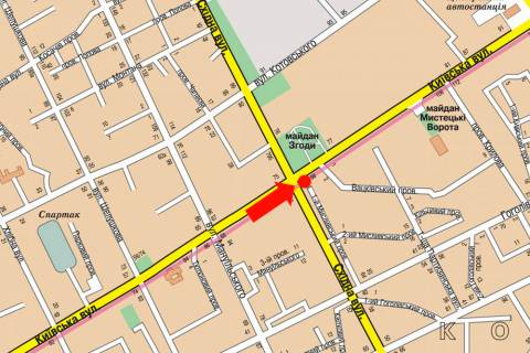 Сiтiлайт A у Житомирі, 1.8x1.2  Київська вул., 98 - Східна вул., навпроти ТЦ "Ярмарок", супермаркету "Ельдорадо", на світлофорі схема