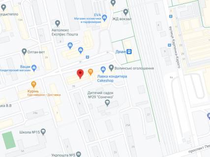 Видеоборд A в Луцке Грушевського пр., 28, аптека "Волиньфарм", прайс за ролик 10 сек 1 вихід/5 хвилин, на двосторонньому екрані, від 144 виходів на день. Розрахунок для інших параметрів трансляції уточнюйте у менеджера. - 301436 схема