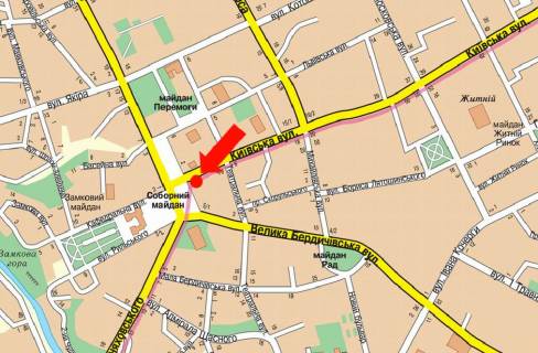 Ситилайт B в Житомире, 1.8x1.2  Київська вул., 2 / Соборна пл., біля центру обслуговування абонентів МТС схема