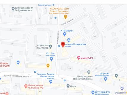 Білборд, Бігборд (Борд)  A у Чернігові Доценко вул., 2, аптека "Мед Сервіс", №К005, прайс за ролик 10 сек 1 вихід/5 хвилин, з 8:00-22:00. Розрахунок для інших параметрів трансляції уточнюйте у менеджера. схема