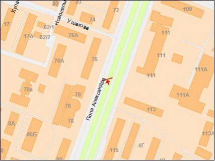 Билборд B в Днепр (Днепропетровск), 6,2х3  пр.Олександра Поля, 76 центральна частина міста, перехрестя, світлофор, різноманітні крамниці, супермаркет, меблеві салони, потік до пр. Дмитра Яворницького схема