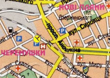 Билборд A в Каменское (Днепродзержинск) Готель "Зоря", перетин вул.Бурхана, вул.М. Драгоманова та вул.Т.Шевченка, в центр  схема