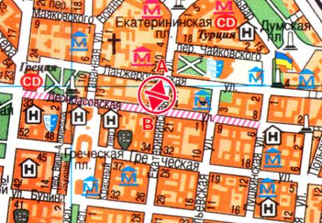 Ситилайт A в Одессе, 1.8x1.2  Катерининська вул., 14 - Дерибасівська вул. схема