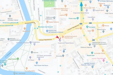 Видеоборд A у Харкові, 8,64х6,72  Павлівська, 6, торець , в центр (ТЦ "Павлівський" навпроти ЦУМу, біля БТІ) - 381815 схема