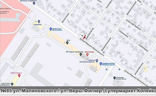 Білборд, Бігборд (Борд)  B у Одесі, 3х6  №80 вул. Маршала Малиновського, 19 / пров. Кедровий, супермаркет «Копійка» (вул. Олексія Вадатурського, 19) схема