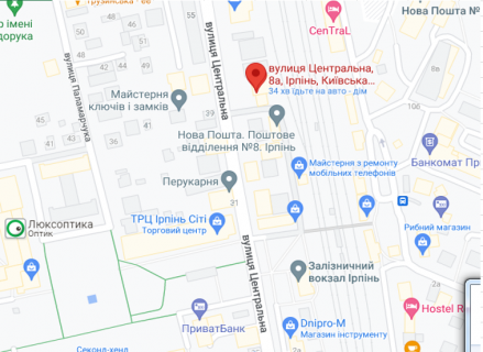 Білборд, Бігборд (Борд)  B у Ірпені, 3x6  вул.Центральна 8а, ТЦ Ірпінь Сіті, вокзал, центр схема