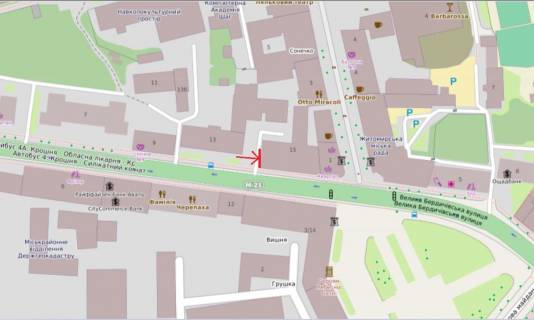 Видеоборд B в Житомире, 2,8х4,8  ул.Б.Бердичевская, 15, центр, обладминистрация, горсовет, пешеходная зона, кафе, рестораны - 382978 схема