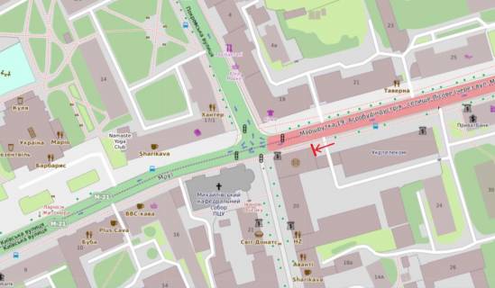 Видеоборд B у Житомирі, 2,8х4,8  ул.Киевская, 20 - ул.Михайловская, центр, "Укртелеком", пешеходная зона (кинотеатр, рестораны, кафе), православный собор - 382948 схема