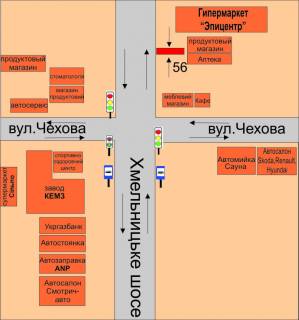Білборд, Бігборд (Борд)  B у Кам'янець-Подільському, 3х6  р-н перехрестя Хмельницьке шосе – вул.Черняхівського(біля Епіцентру) схема