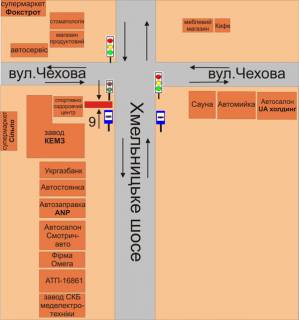 Билборд B в Каменец-Подольском, 3х6  перехрестя Хмельницьке шосе та вул.Чехова схема